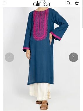 Amirah Blue Long Sleeve Embroidered Kurta Dress with Pink Accents